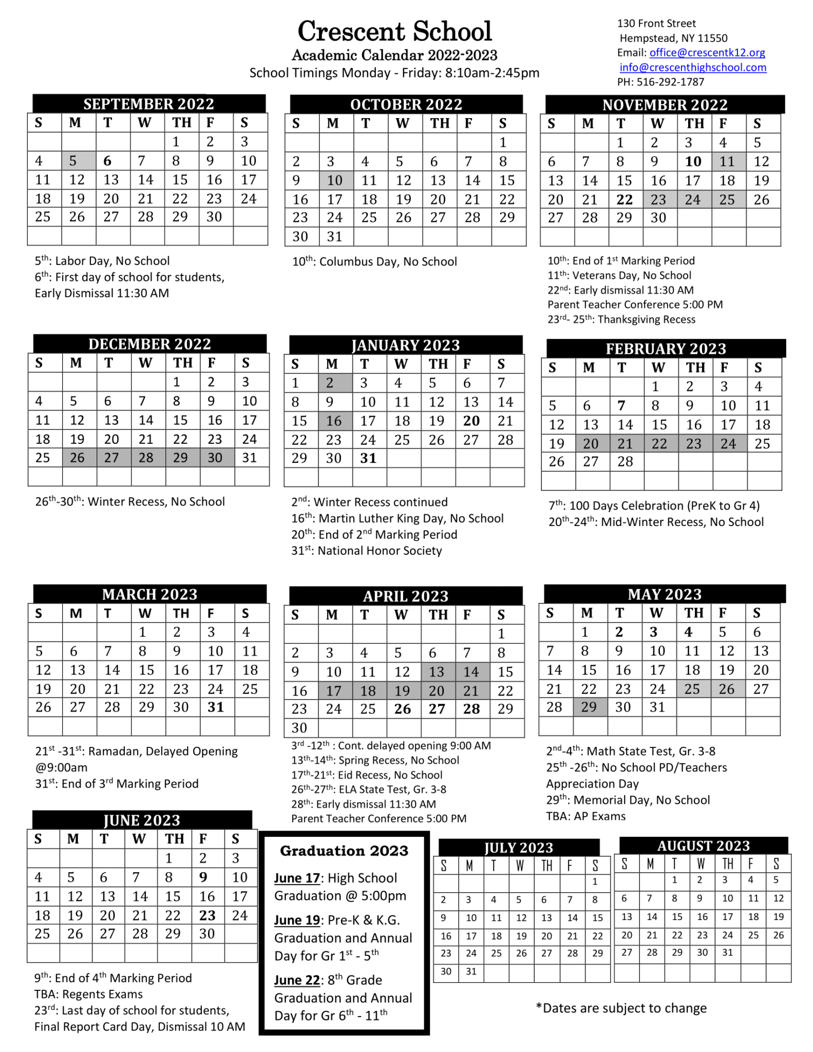 Academic Calendar Crescent School